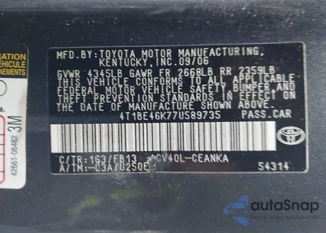 2007 Toyota Camry Le z USA, uszkodzony, nr VIN 4T1BE46K77U589735